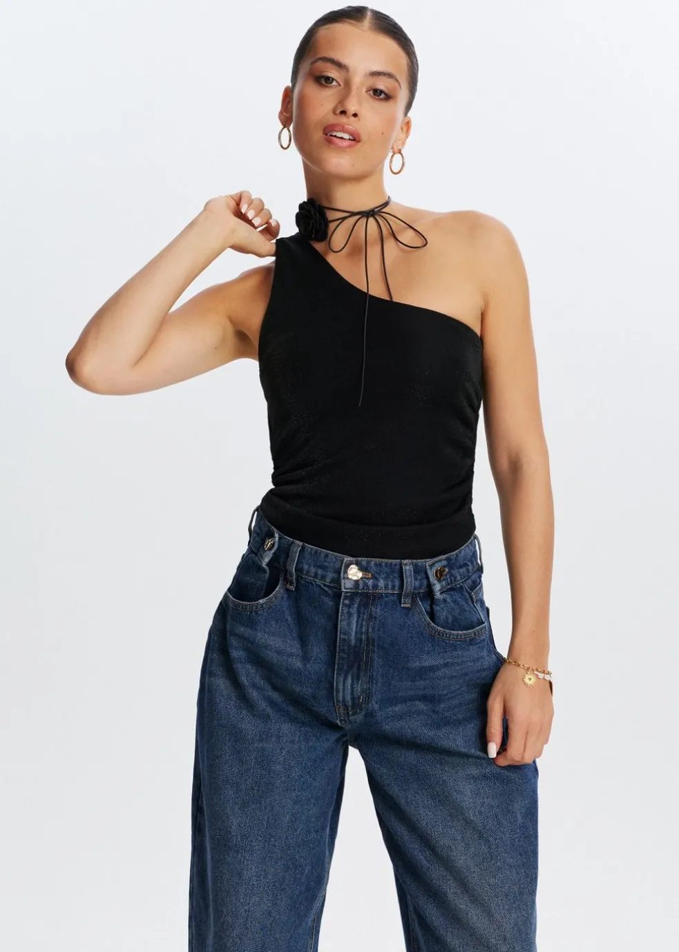 One shoulder glitter top