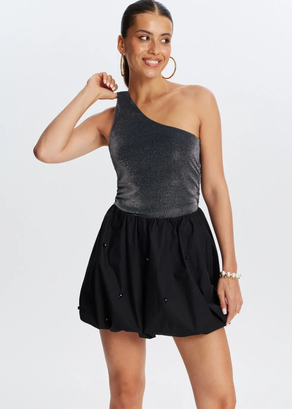 One shoulder glitter top